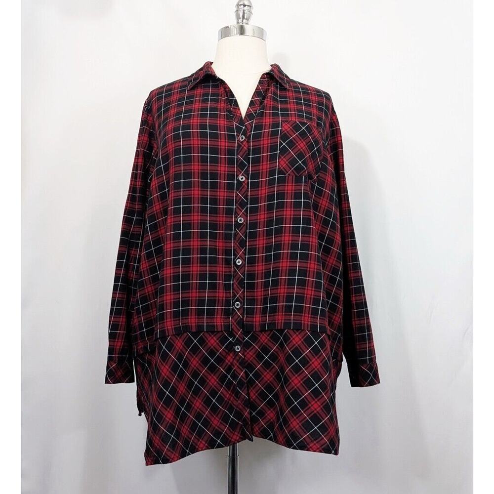 J.Jill Tunic Top Black Red Plaid Cotton Button Front Shirt Women's Size 3X
